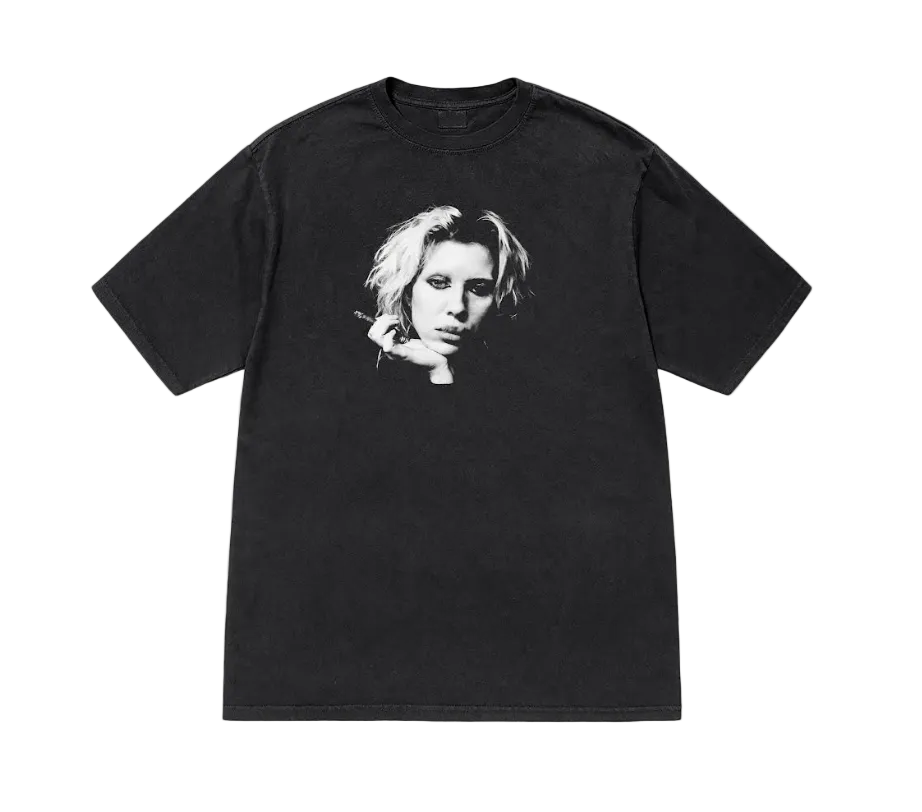 A black t-shirt with a front graphic print of a woman's face.